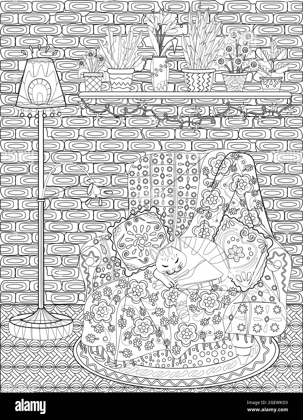 Gatto che dorme su un lettino con cuscino accanto A una lampada incolore linea disegno. Felino addomesticato dorme su sedia con i POTS della pianta sopra colorare pagina del libro Illustrazione Vettoriale