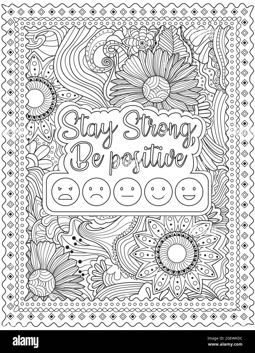 Più facce Smiley con espressione diversa circondate da disegno linea di sfondo a fiore. Flower Doodles con messaggio di ispirazione colorare Libro Illustrazione Vettoriale