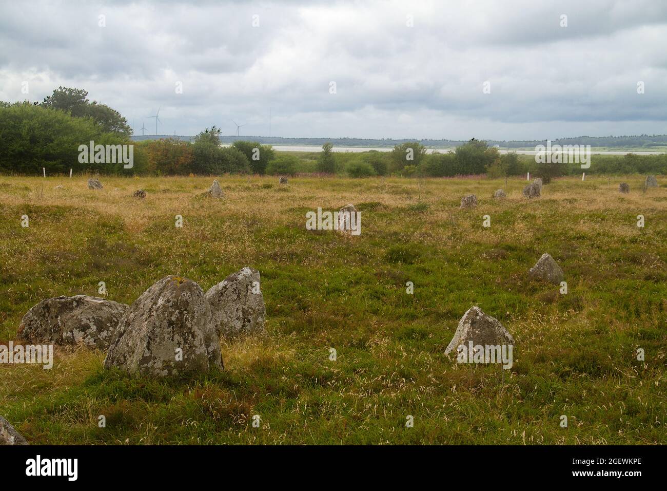 Tømmerby luogo di sepoltura vichinga, un sacco di monumenti in pietra, in lontananza il lago Selbjerg Vejle Foto Stock