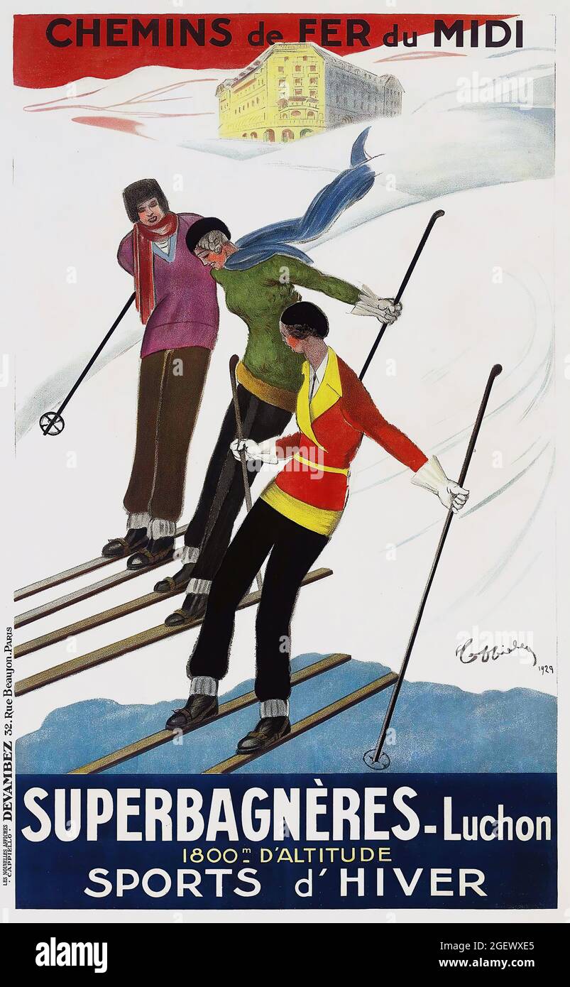 Superbagnères-Luchon (1929) Leonetto Cappiello (1875-1942). Poster pubblicitario vintage. Sci, inverno, hotel, alpi. Foto Stock