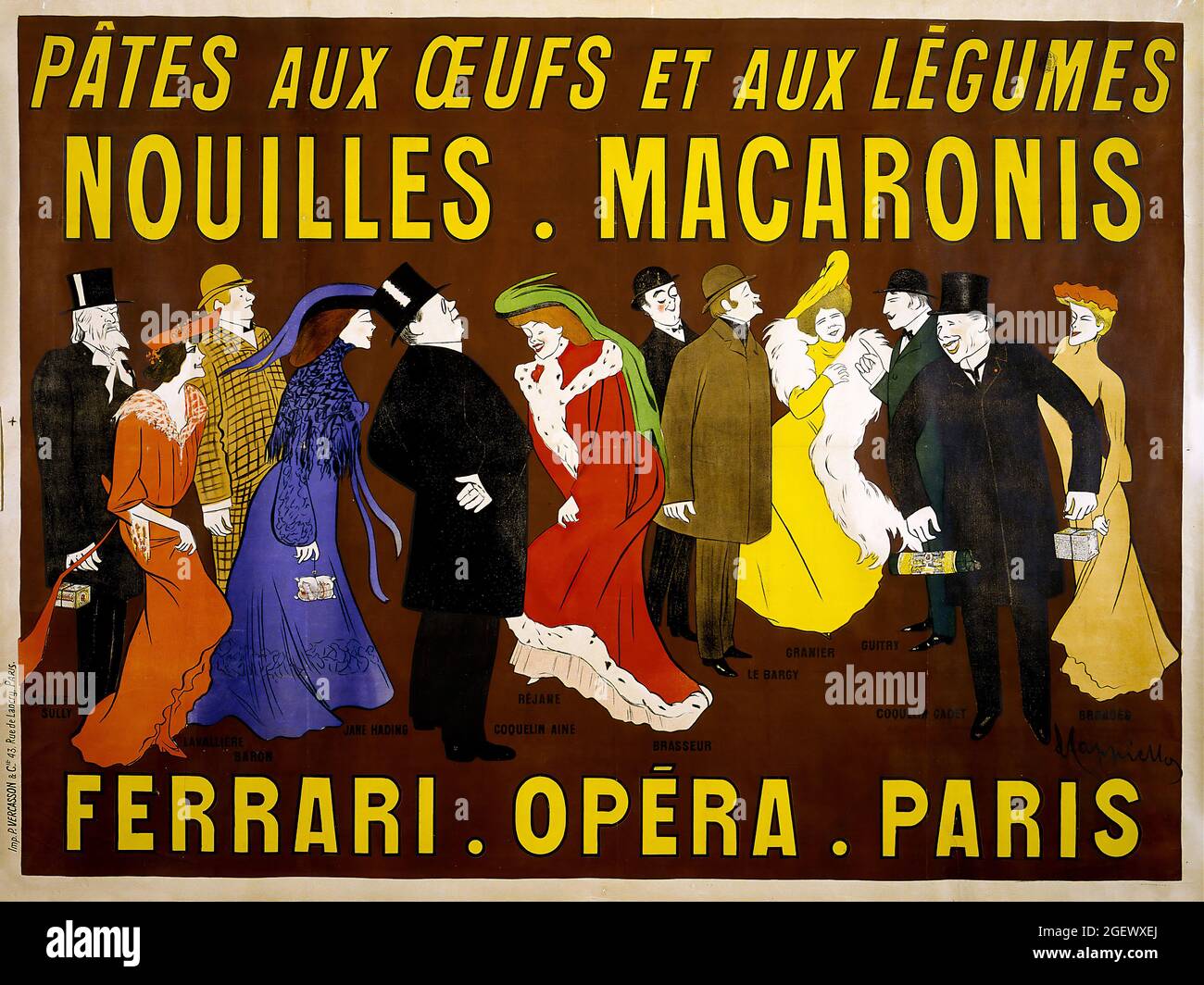 Poster d'epoca - Leonetto Cappiello. Poster pubblicitario. Nouilles, macaronis - Ferrari Opera Parigi, 1904. Foto Stock