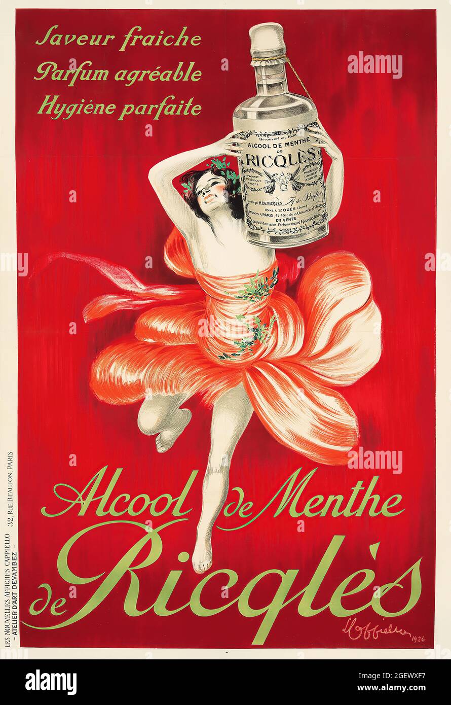 Alcool De Menthè Ricqlès (1924) Poster d'epoca - Leonetto Cappiello. Poster pubblicitario sull'alcol. Alcol menta. Foto Stock