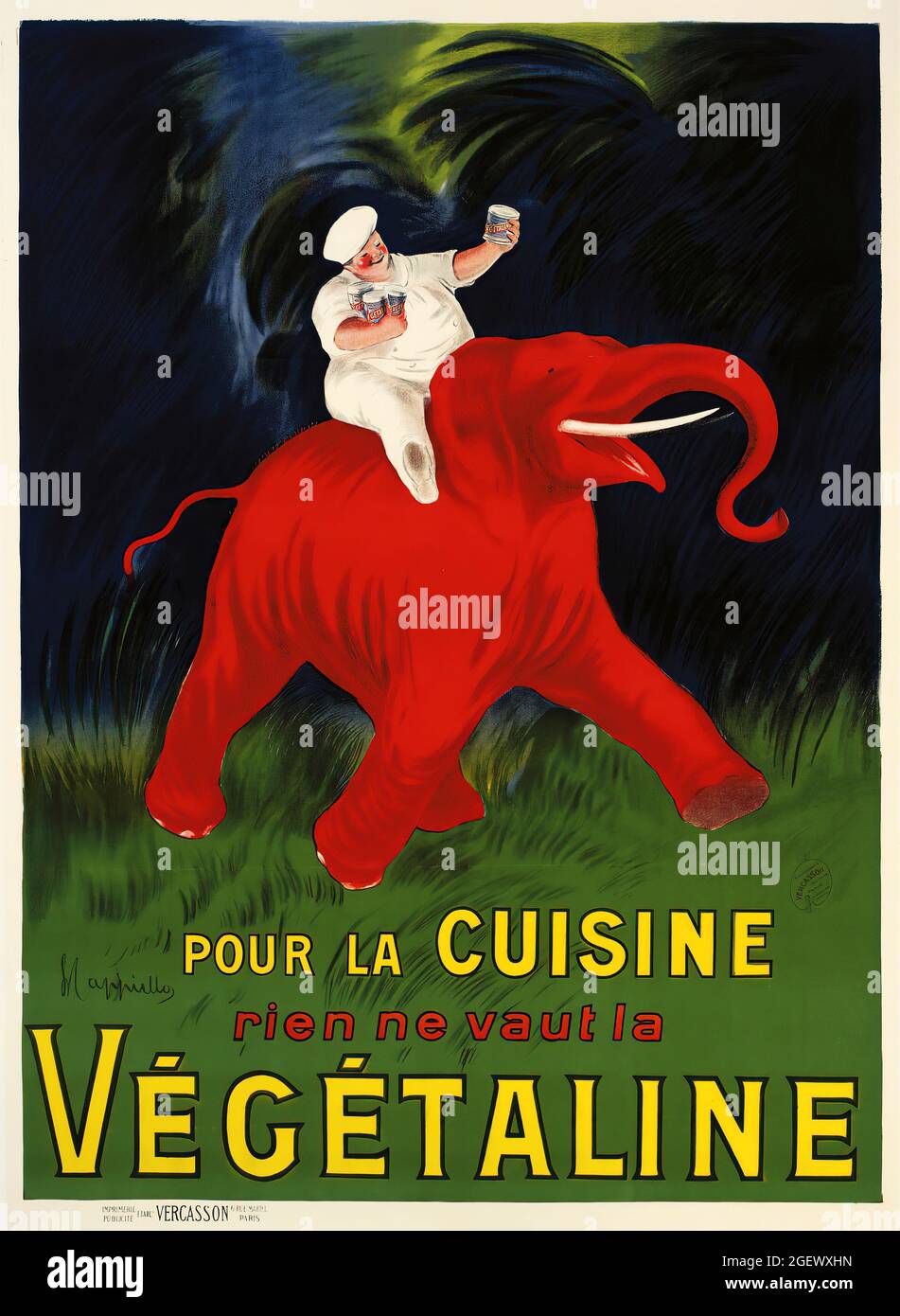 Végétaline, pour la cuisine, feat un uomo su un elefante rosso. Poster d'epoca - Leonetto Cappiello. Poster pubblicitario. Foto Stock