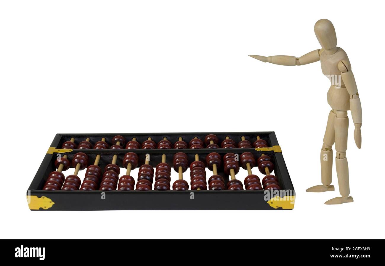 Persona che punta a un sistema di conteggio abacus con perle e post - percorso incluso Foto Stock