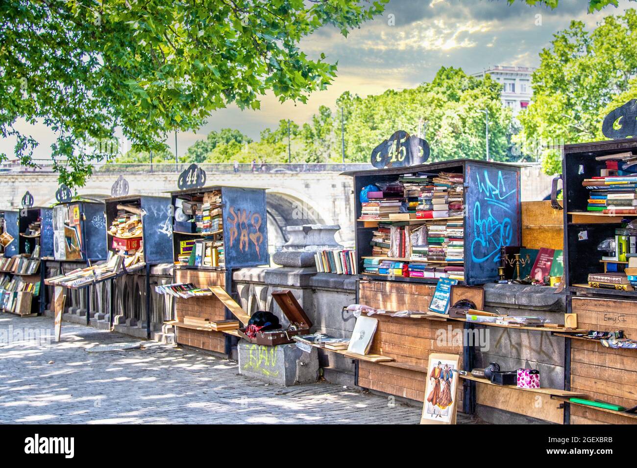 2019 07 19 Tbilisi Georgia - famoso mercato di Dry Bridge con scaffali per la vendita di articoli per i partecipanti, compresi libri con ponte e alberi e. Foto Stock