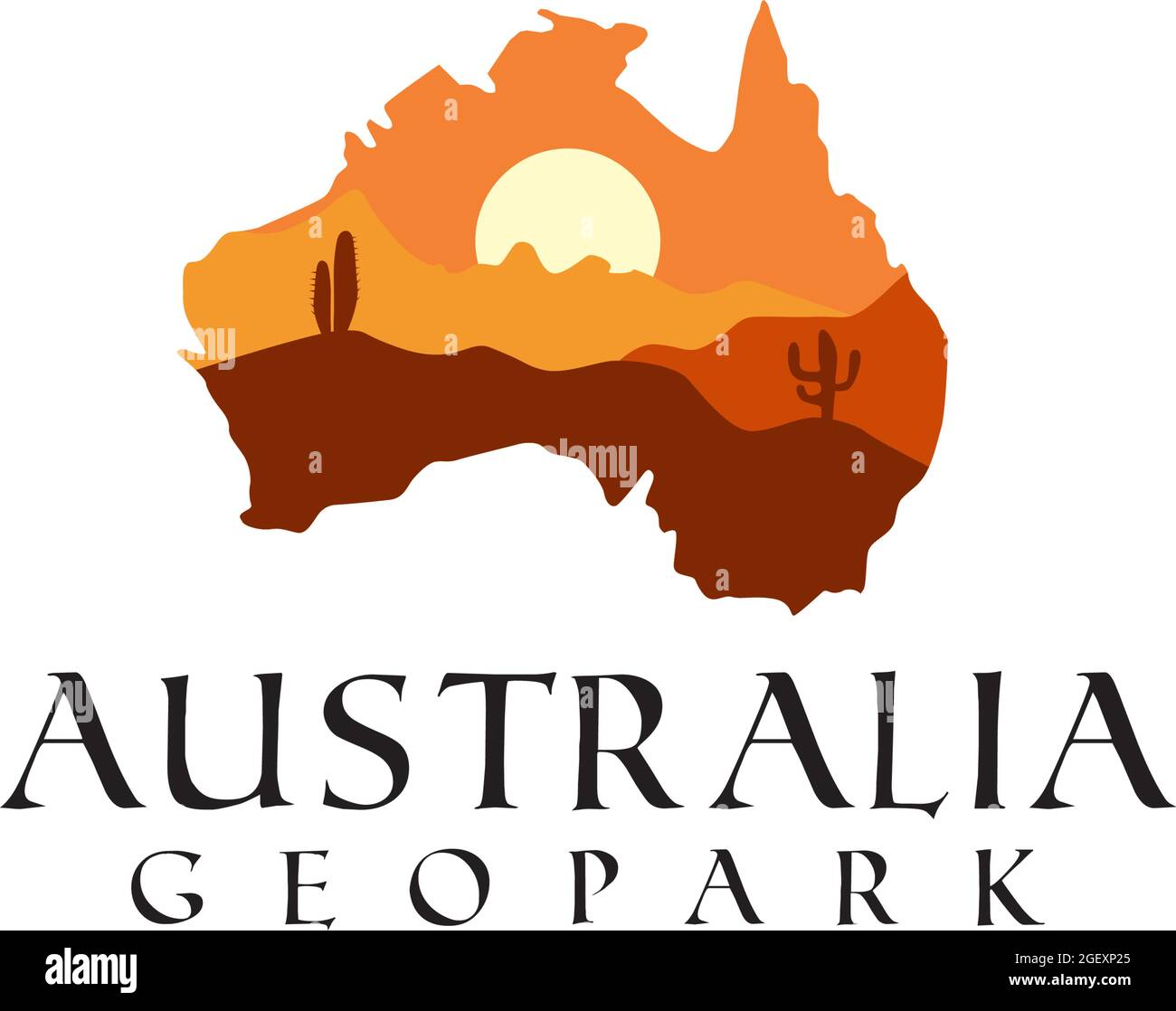Australia mappa tramonto paesaggio sfondo cactus montagna vettore logo design Illustrazione Vettoriale