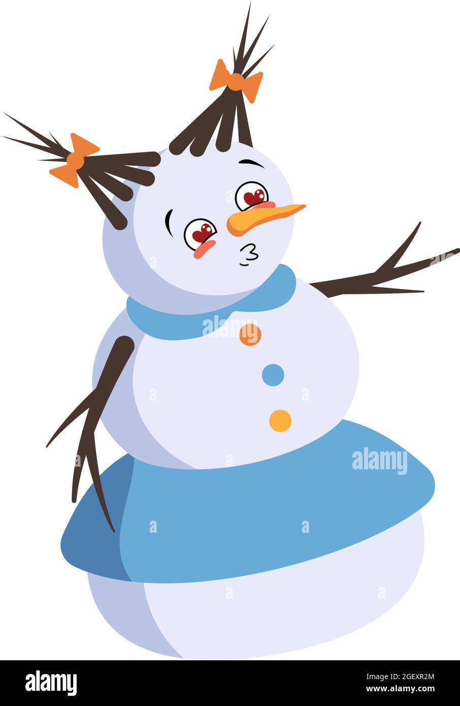 Carino donna di neve di Natale si innamora di occhi cuori, bacio viso, braccia e gambe. Gioioso Capodanno decorazione festosa con espressione gentile, divertente o sorriso emozioni Illustrazione Vettoriale