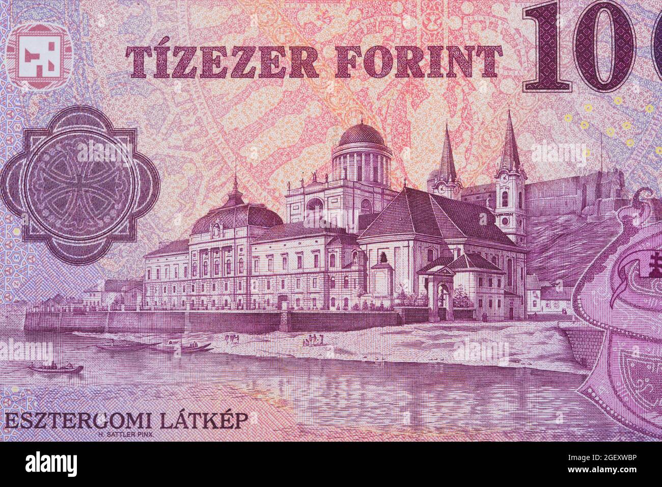 Vista di Esztergom da denaro ungherese - Forint Foto Stock