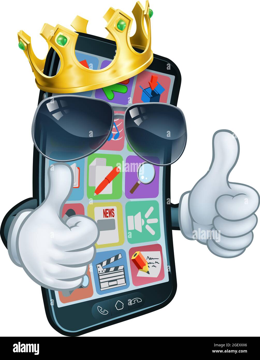 Telefono cellulare Cool King Thumbs Up Cartoon Mascot Illustrazione Vettoriale