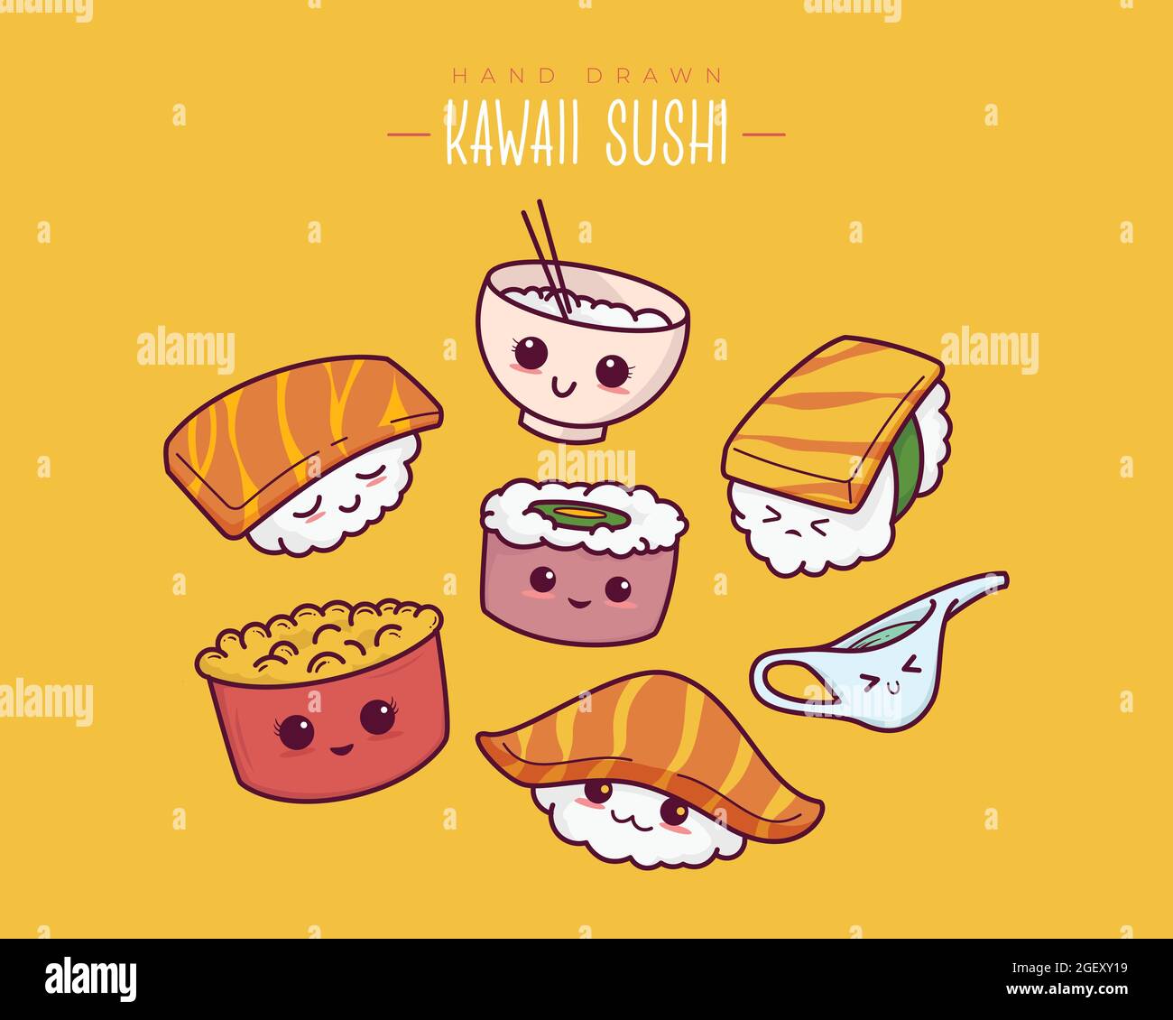 Sushi kawaii, onigiri, sashimi. Stile cartoon giapponese. Carino set di illustrazioni vettoriali. Illustrazione Vettoriale
