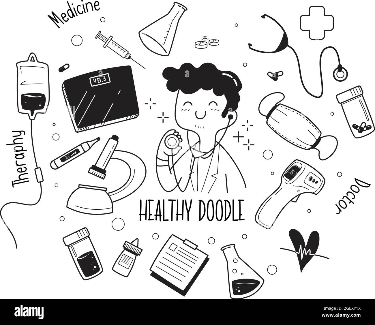 Disegnata a mano medicina icon set. Medical abbozzato collezione. Sanità, farmacia doodle icone. Illustrazioni vettoriali. Illustrazione Vettoriale