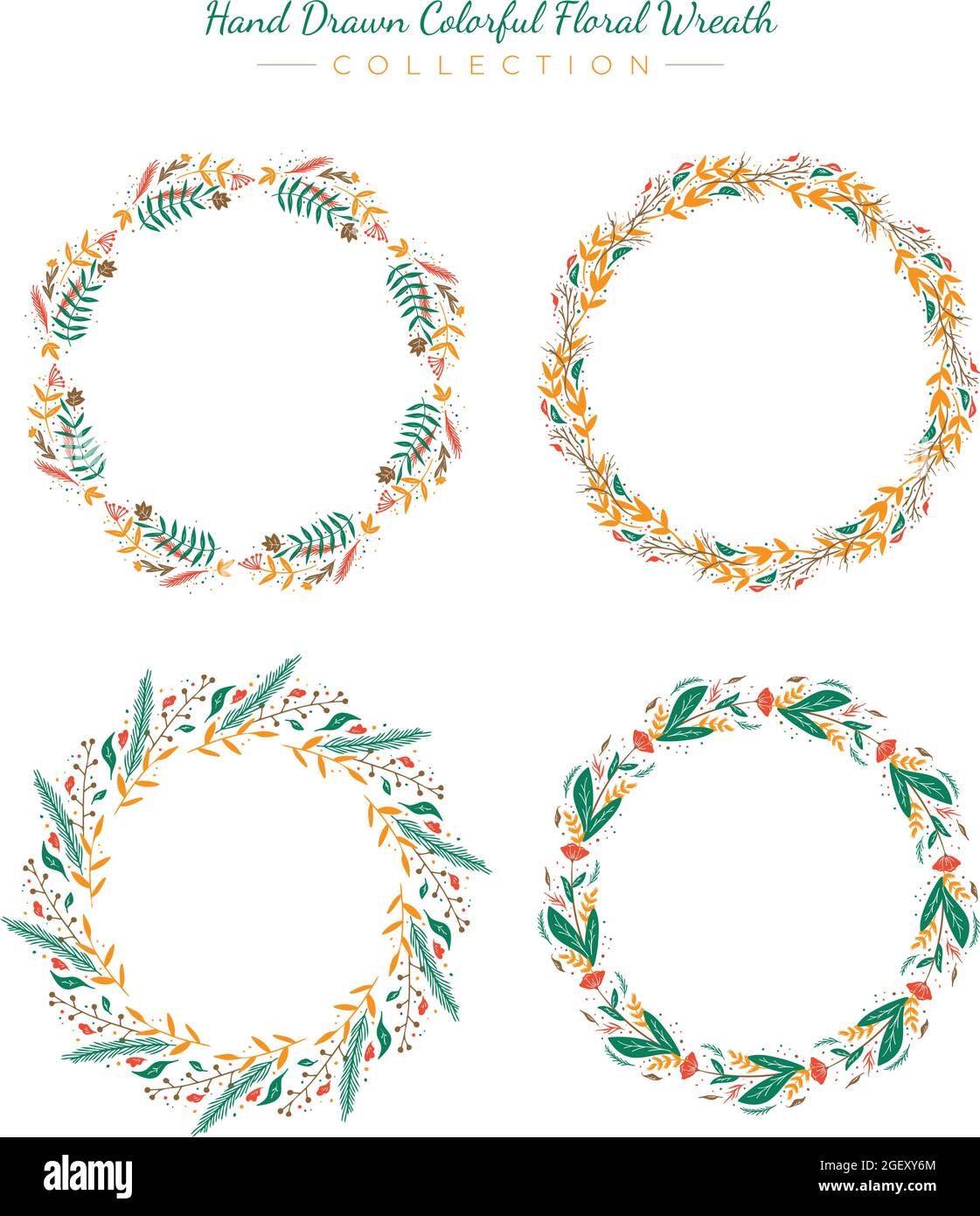Set di coloratissimi modelli di disegno a mano colorato fiore wreath collezione vettoriale premium illustrazione Illustrazione Vettoriale