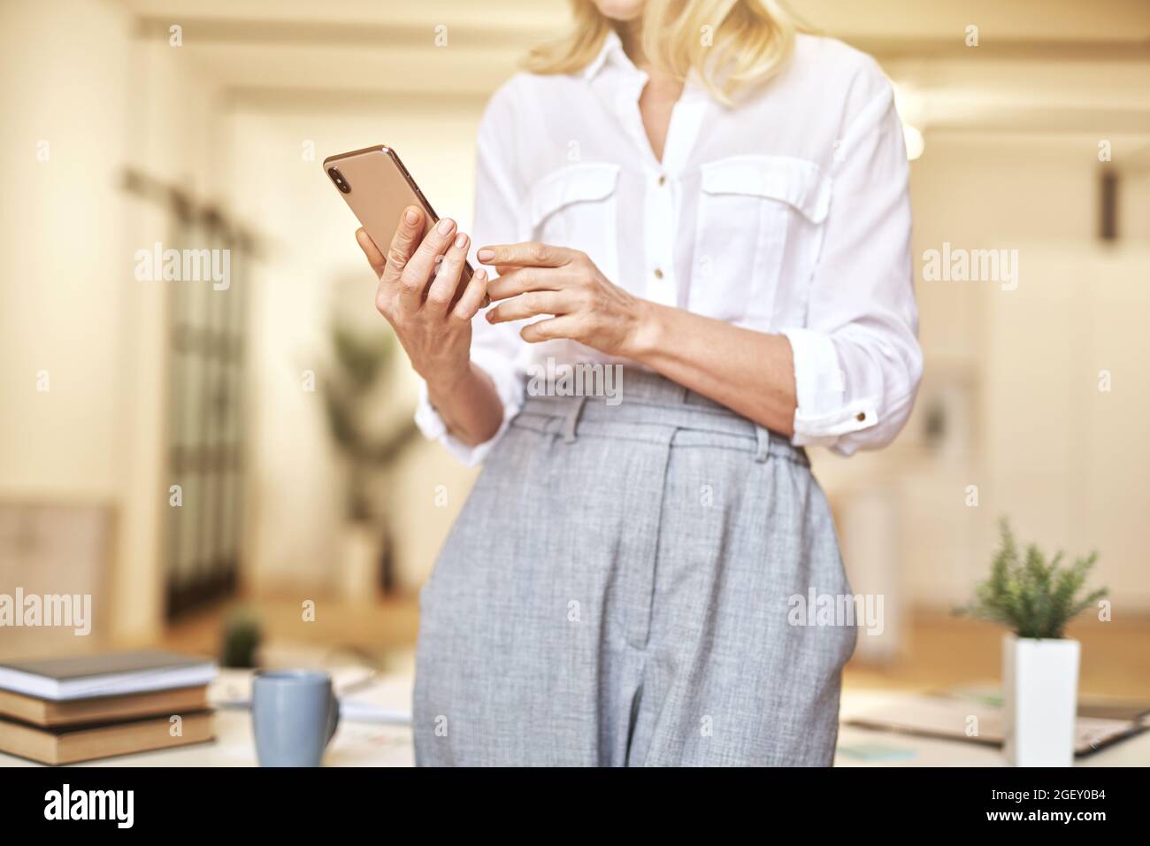 Scatto corto di elegante donna d'affari matura che tiene e utilizza il suo smartphone mentre si trova in un ufficio moderno Foto Stock