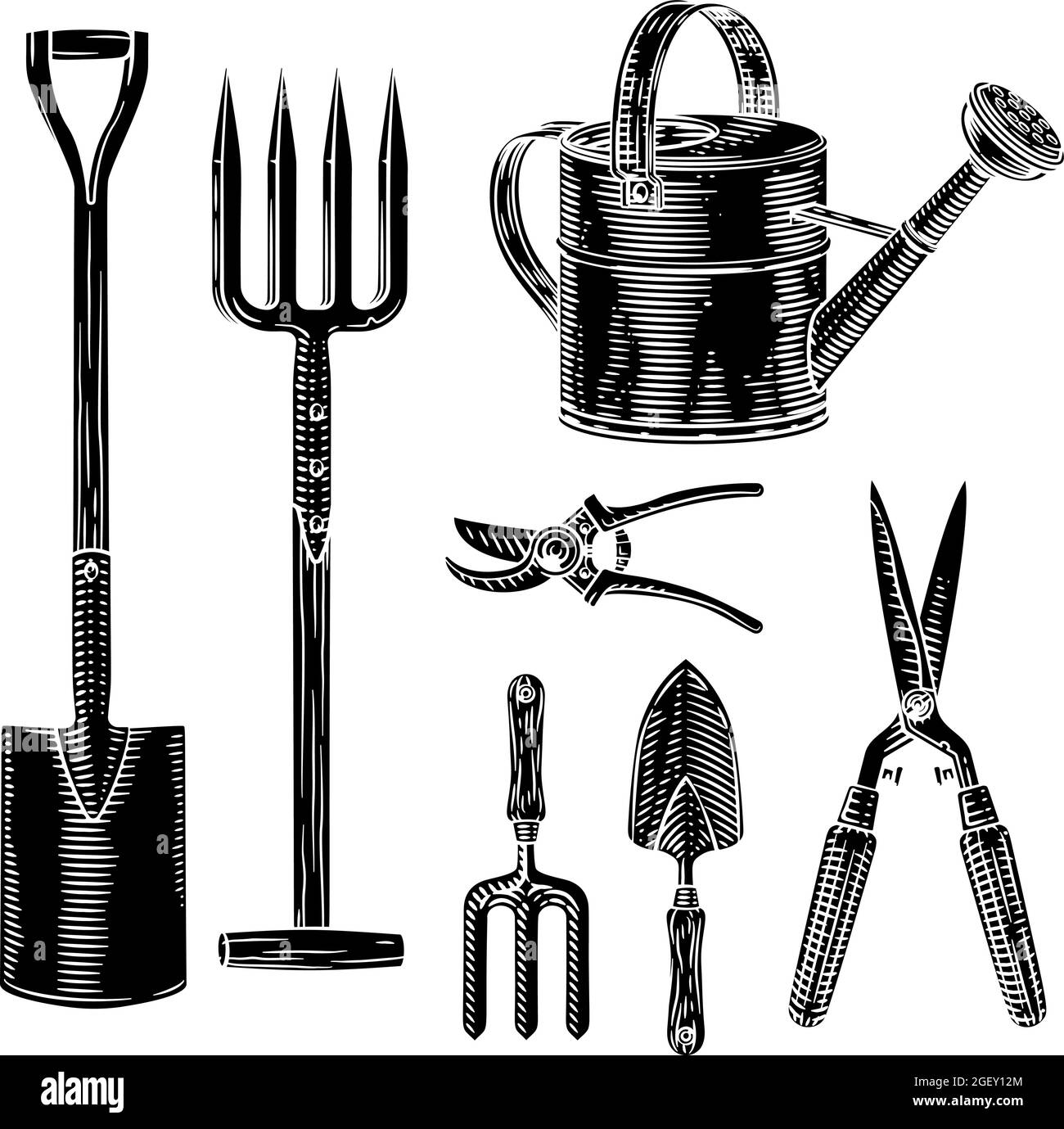 Set di attrezzi per giardinaggio Woodcut vintage Style Illustrazione Vettoriale