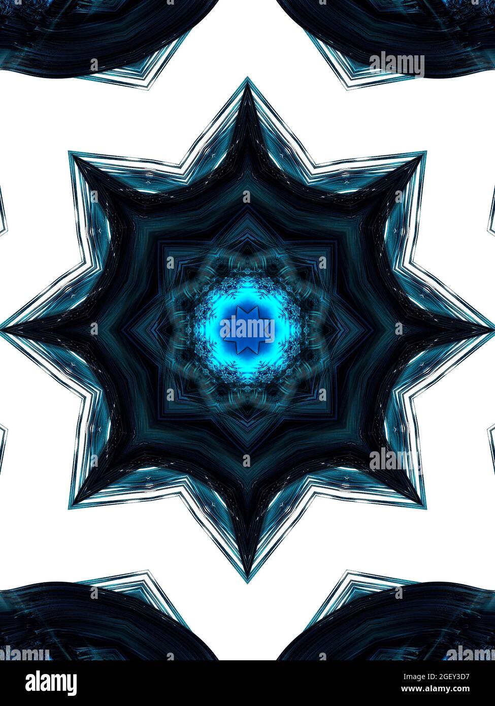 Pentagramma al neon blu su sfondo bianco. Caleidoscopio STAR. Immagine verticale. Foto Stock