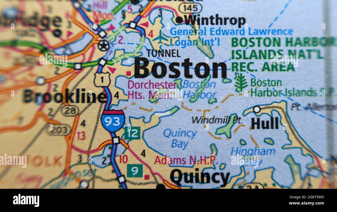 Un primo piano della mappa con Boston al centro Foto Stock