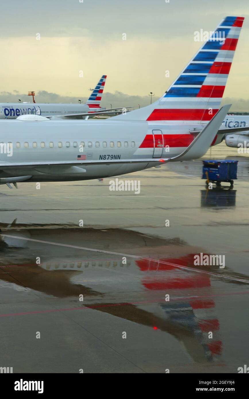 DALLAS, TX - 18 MAGGIO 2021 - Vista del riflesso del logo dell'aereo da American Airlines (AA) dopo la pioggia al Dallas Fort Worth International ai Foto Stock