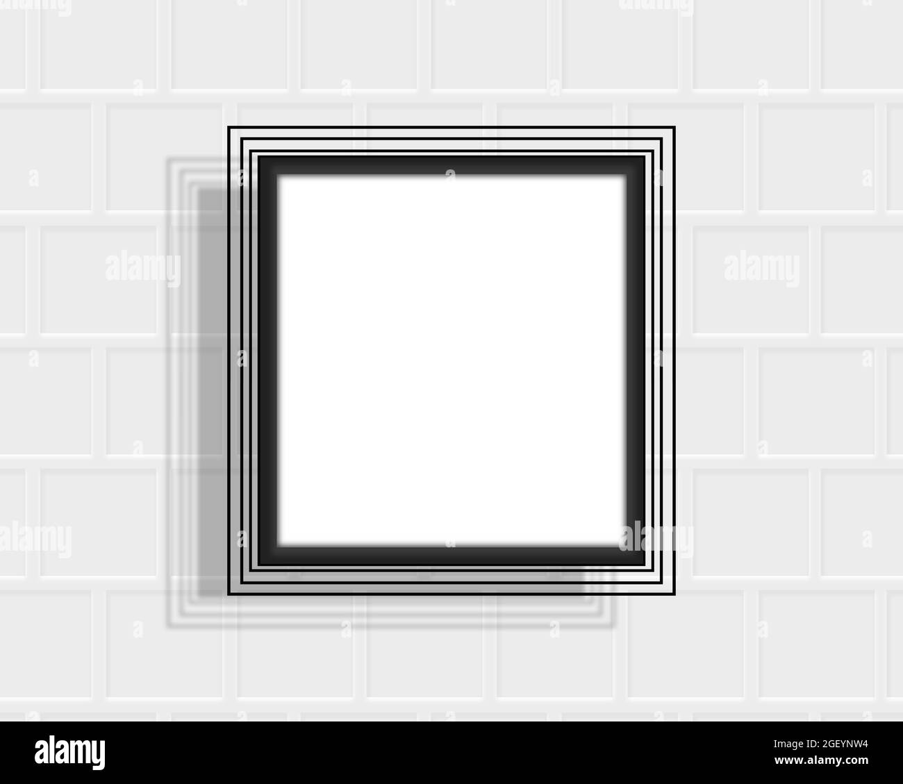 Cornice fotografica bianca quadrata su parete in mattoni bianchi con luce soffusa. Un quadrato bianco con un'immagine decorativa con spazio vuoto e bordi neri. Foto Stock