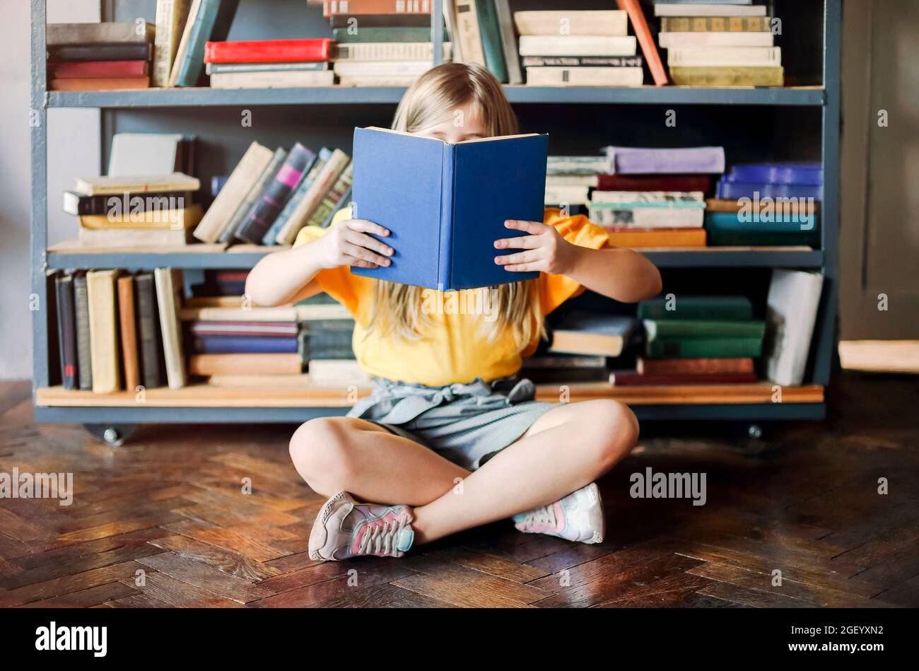 Bambina seduta con fiaba aperta di fronte al suo volto su parquet di legno contro scaffale pieno di libri a casa, bambino godendo di lettura e ti Foto Stock