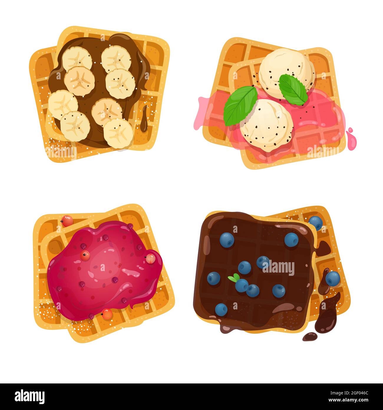 Set di waffle belgi con vari condimenti Illustrazione Vettoriale