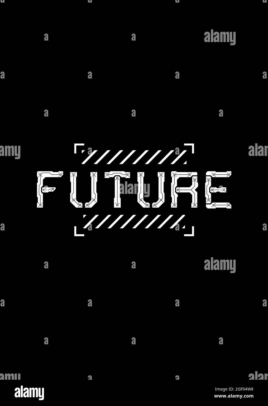 T-shirt e design di abbigliamento con un grande futuro di titoli, ed elementi di design cyberpunk nella cornice futuristica quadrata. Stampa in bianco e nero. Vettore Illustrazione Vettoriale