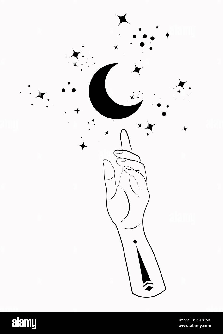 Mistica mano alchimia esoterica simbolo della luna magica, geometria Sacra. Logo Boho in tatuaggio con contorno nero. Occultismo spirituale segno mistico di wicca Illustrazione Vettoriale