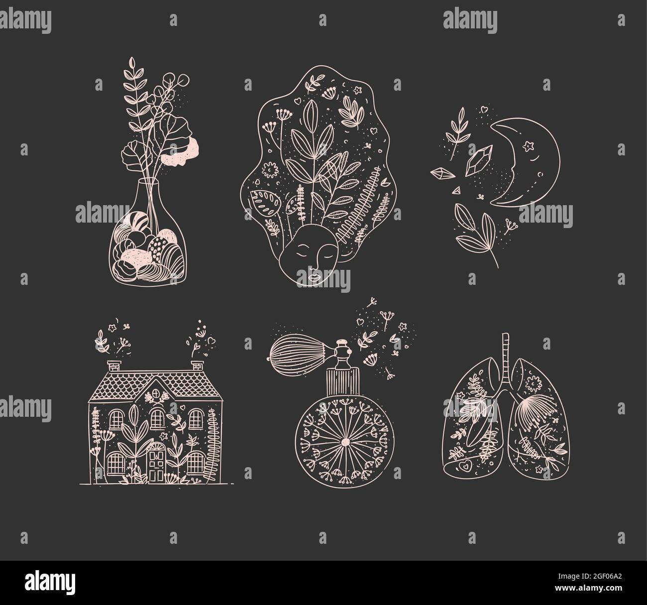 Set di icone di arte floreale in vaso di stile linea fatto a mano di fiori, volto donna, luna, casa, bottiglia di profumo, polmoni umani disegnati su sfondo nero Illustrazione Vettoriale