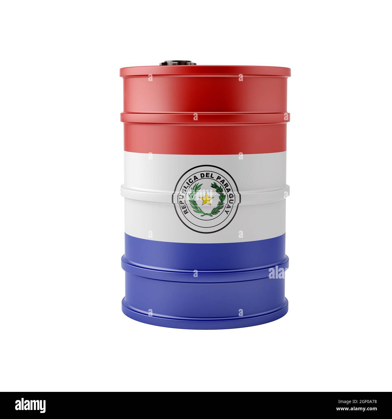 Tamburo di petrolio in Paraguay bandiera nazionale disegno. Isolato su bianco. Rendering 3D Foto Stock