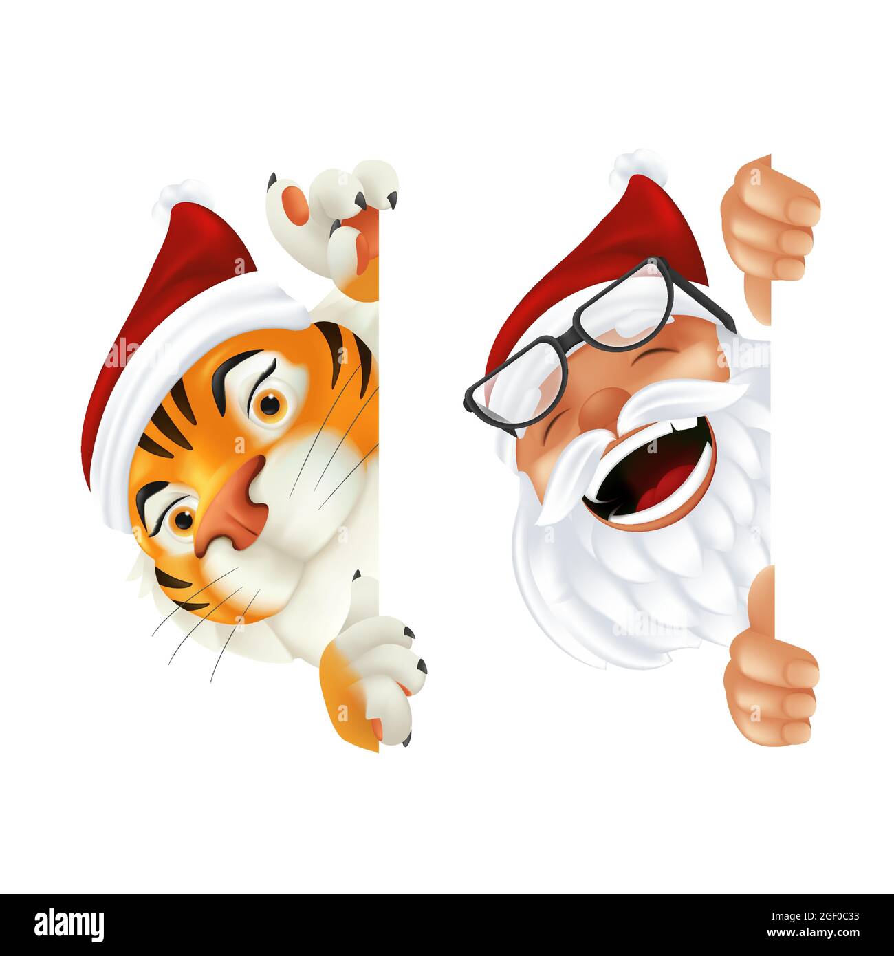 Divertente cartone animato Babbo Natale e Tiger - simbolo dell'anno dal calendario cinese. Ridendo e sorridendo i personaggi di Natale che sbirciavano da dietro il vertigine Illustrazione Vettoriale