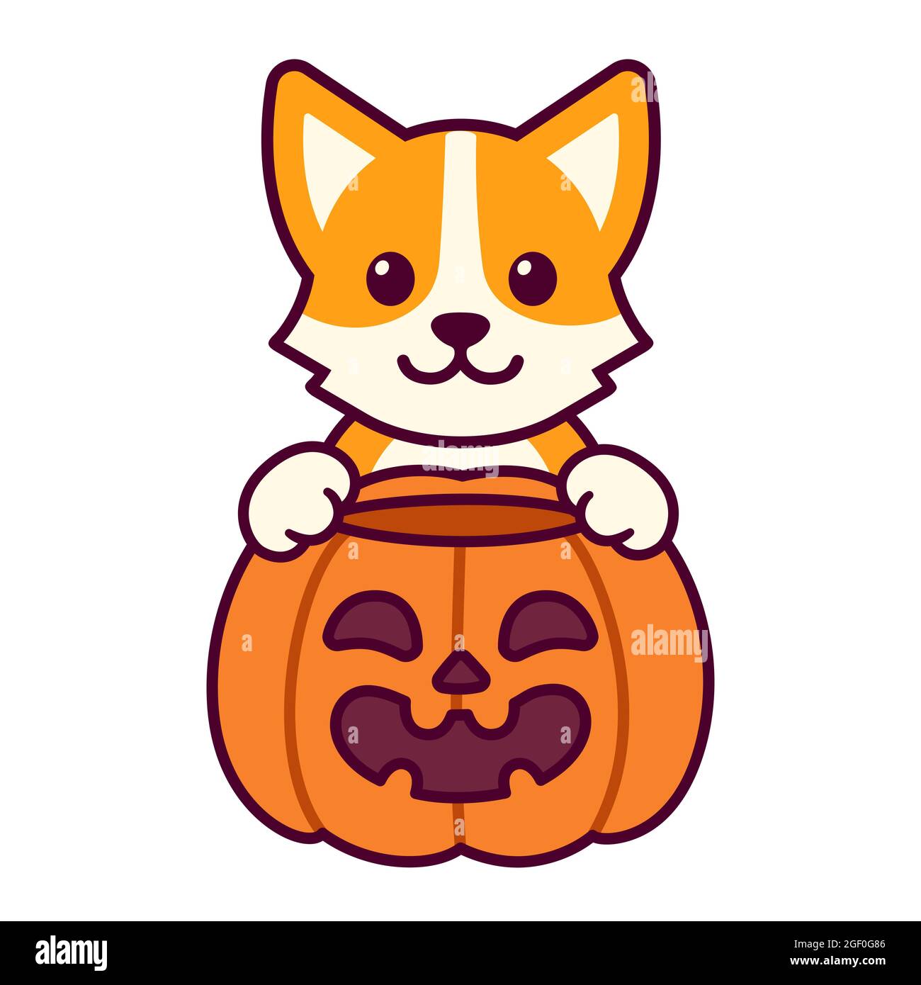 Trick o delizia. Carino cartone animato con zucca di Halloween. Disegno del cane di Kawaii, illustrazione vettoriale divertente. Illustrazione Vettoriale