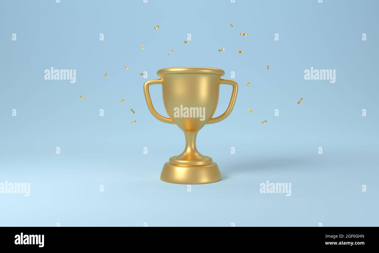 Coppa trofeo d'oro con confetti cadenti su sfondo blu. rendering 3d. Foto Stock