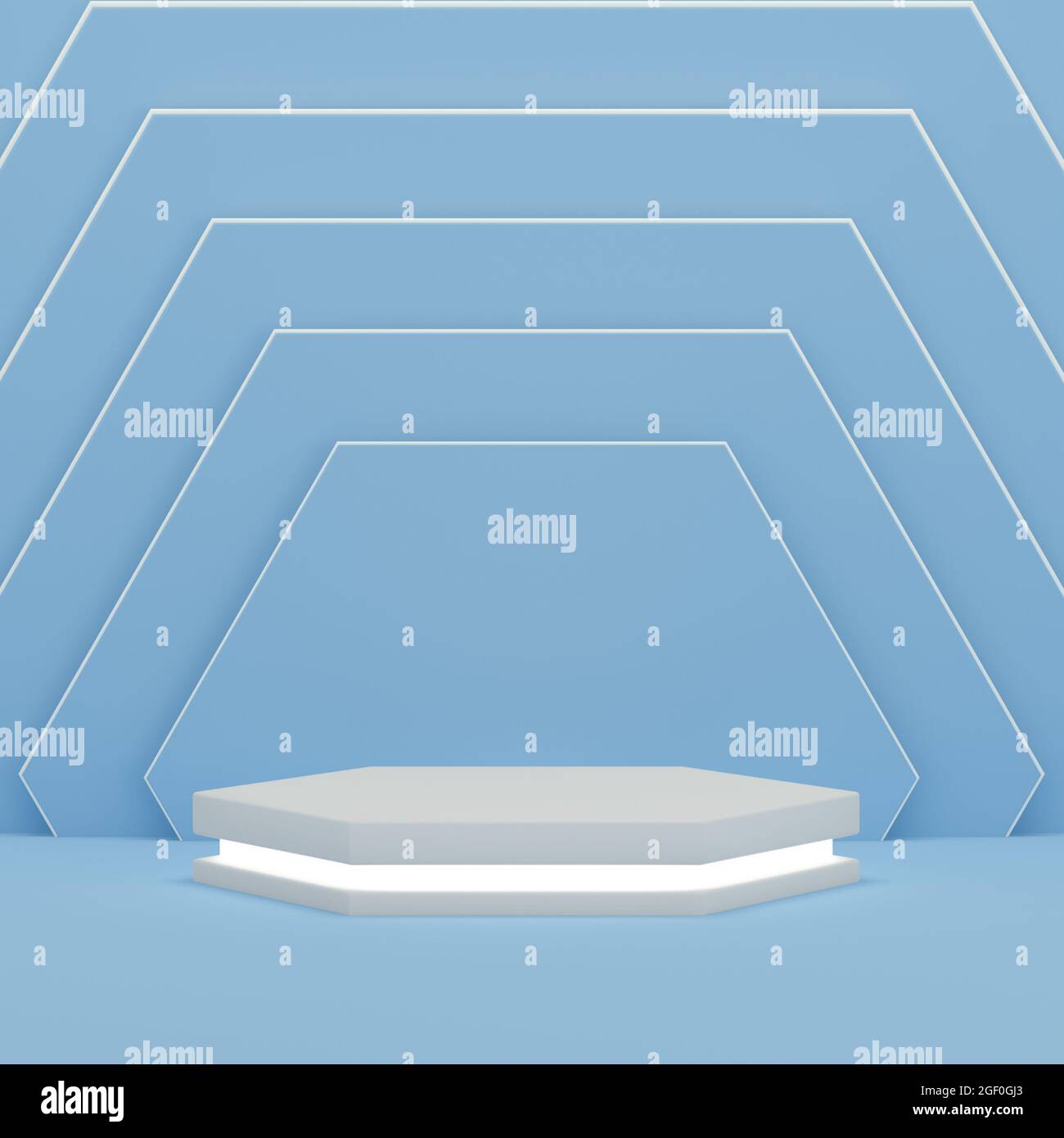 Podio con luce su sfondo colorato con motivo esagonale blu per il prodotto dimensioni quadrato. Piattaforma podio vuota. Rendering 3D. Foto Stock