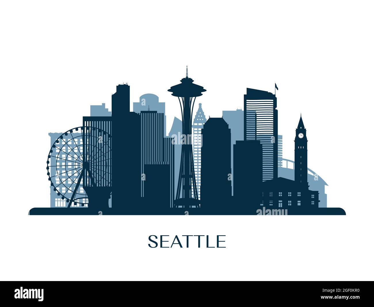 Skyline di Seattle, silhouette monocromatica. Illustrazione vettoriale. Illustrazione Vettoriale