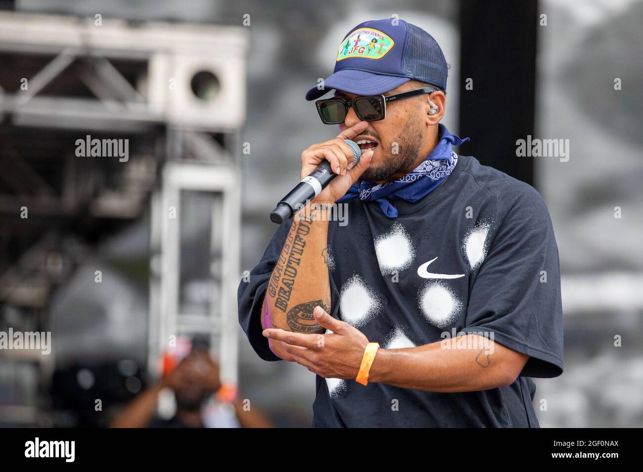 Chicago, Stati Uniti. 21 Agosto 2021. Joey Purp (Joseph Davis) durante il Lyrical Lemonade Summer Smash Music Festival al Douglass Park il 20 agosto 2021, a Chicago, Illinois (Photo by Daniel DeSlover/Sipa USA) Credit: Sipa USA/Alamy Live News Foto Stock