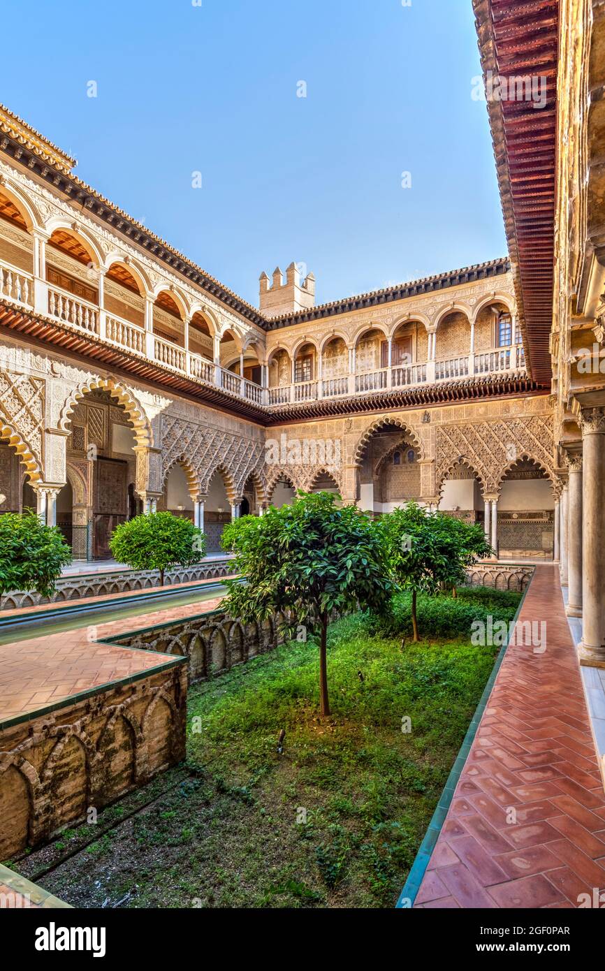 Cortile o patio de las Doncellas, Alcazar, Siviglia, Andalusia, Spagna Foto Stock