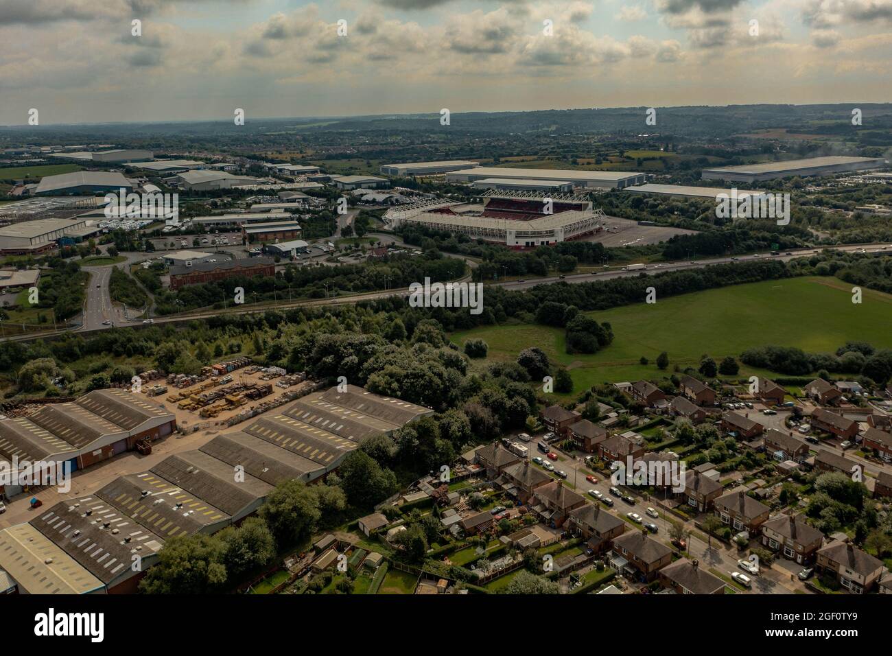 Birds Eye View of the Bet 365 Stadium Home of Stoke City Football Club Aerial View Long Perspective (immagini più vicine disponibili) Foto Stock