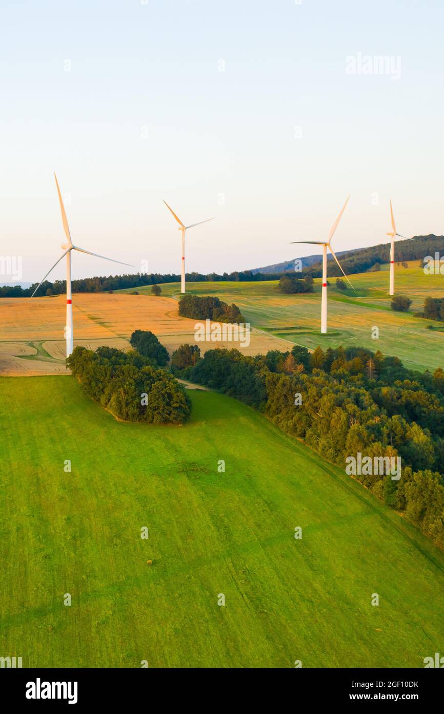 Vista aerea di un parco eolico con turbine eoliche alte per la generazione di energia elettrica ecologica . Centrale elettrica verde. Foto Stock