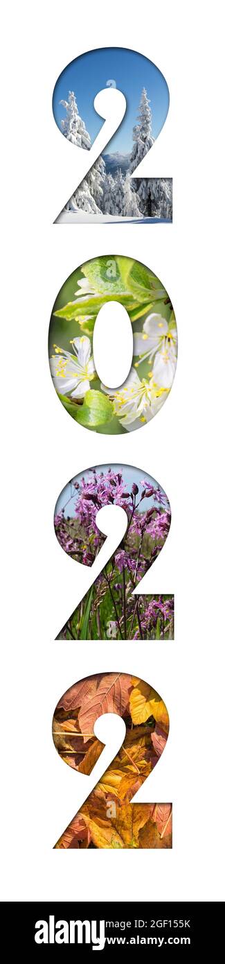 Numero 2022 da quattro stagioni foto per calendario, volantino, poster, cartolina, banner. Immagine verticale. Foto Stock