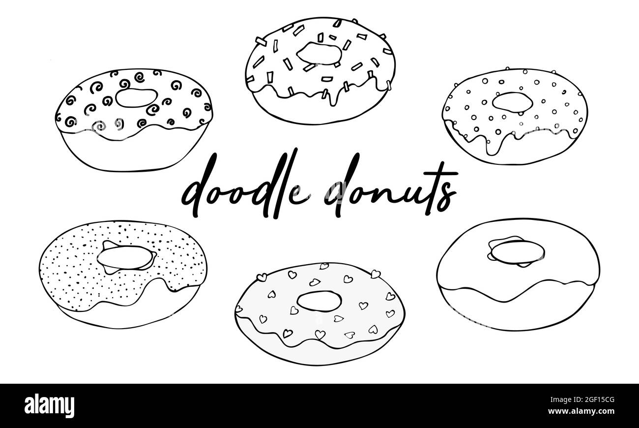 Dolci dolci. Set Donut Doodles. Illustrazione vettoriale. Linea di disegno ciambelle. Schizzo di deliziose ciambelle. Illustrazione Vettoriale