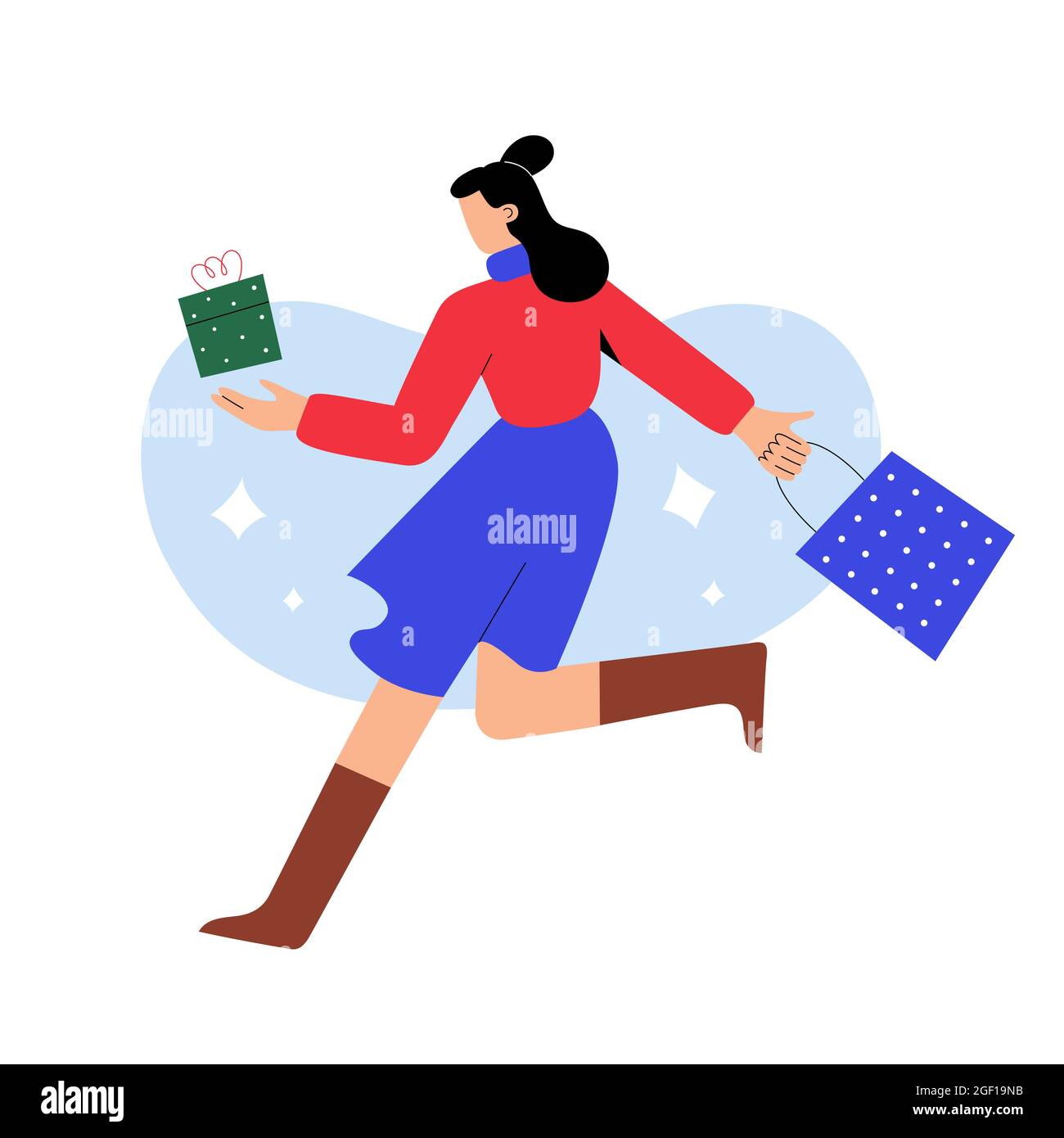 Shopping di Natale, giovane donna che tiene i sacchetti di shopping hurying, che corre dentro per comprare i regali di Natale in vendita, illustrazione vettoriale del cartone animato Illustrazione Vettoriale