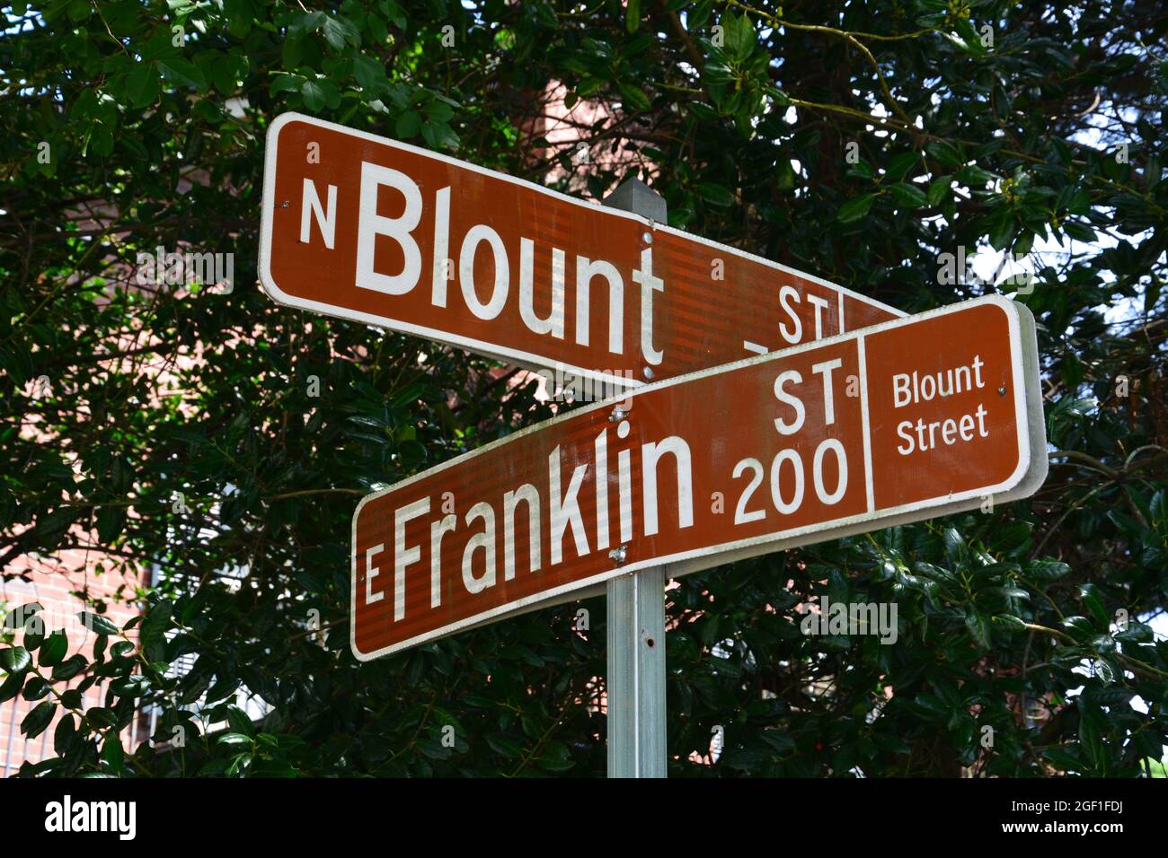 Da vicino a Blount Street e al cartello Franklin Street a Raleigh, North Carolina. Foto Stock