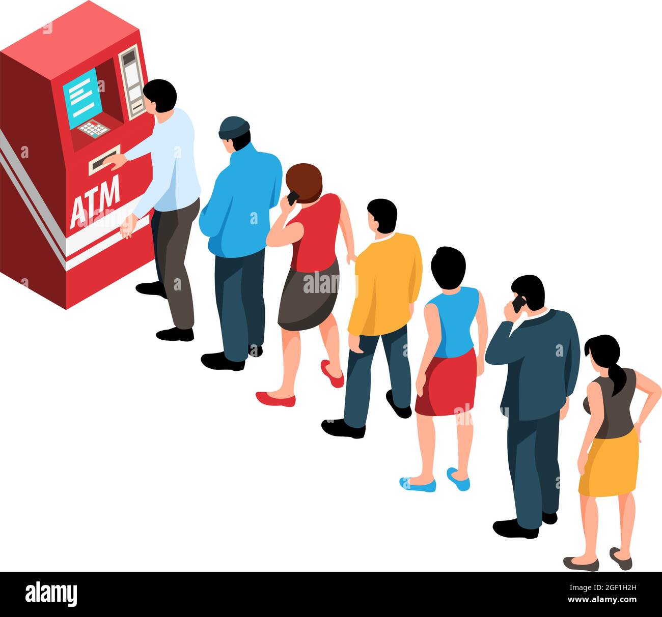 Composizione isometrica della coda con persone in posizione di attesa per illustrazione vettoriale atm Illustrazione Vettoriale