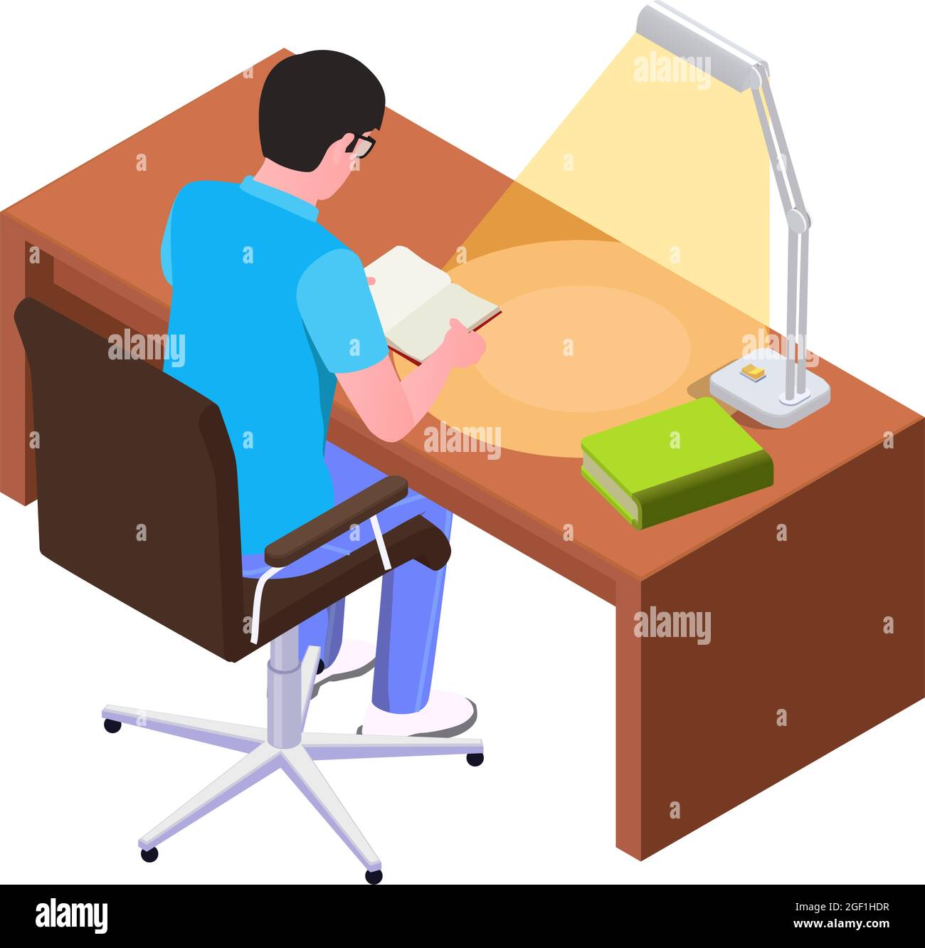 Libro di lettura isometrico uomo alla scrivania con lampada 3d illustrazione vettoriale Illustrazione Vettoriale