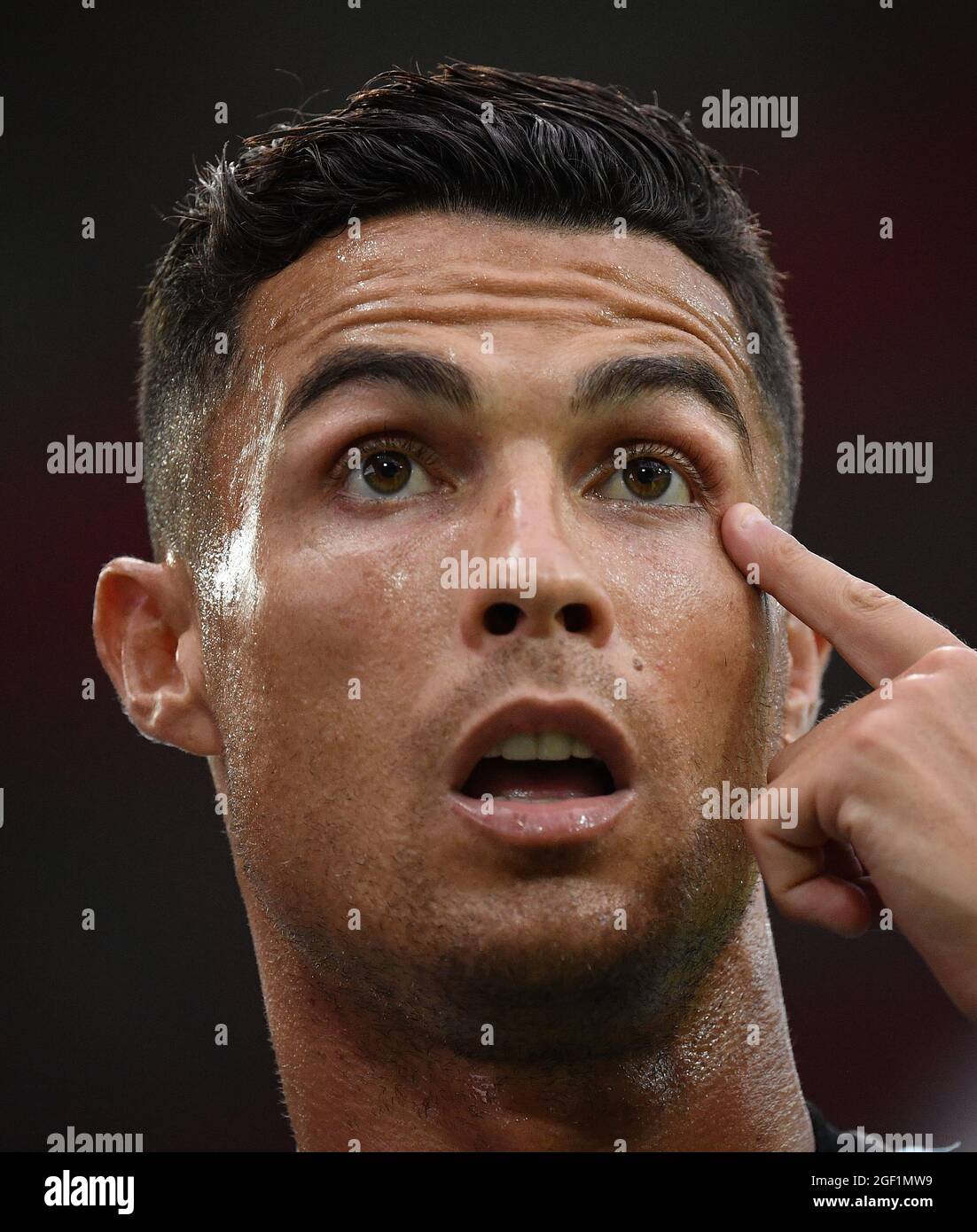 Udine. 23 Agosto 2021. Cristiano Ronaldo del FC Juventus reagisce durante una partita di calcio tra Udinese e FC Juventus a Udine, 22 agosto 2021 Credit: Xinhua/Alamy Live News Foto Stock