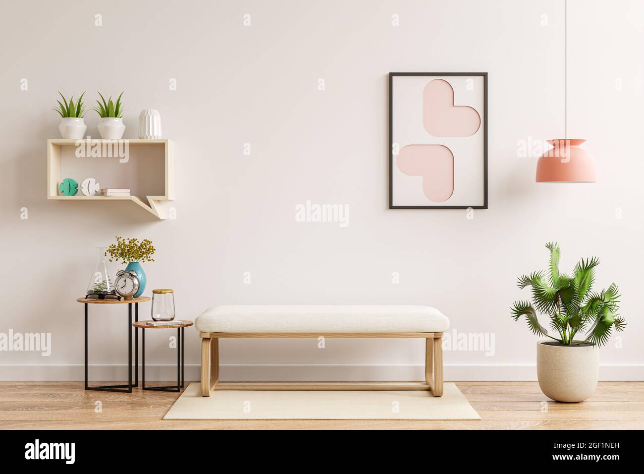 Il mockup parete interna nel soggiorno ha sedia e decorazione muji, rendering 3d Foto Stock