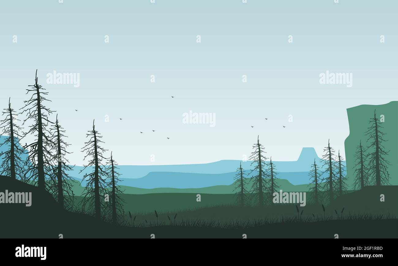 Una vista mozzafiato delle montagne con profili di alberi secchi dal sobborgo all'alba di mattina. Illustrazione vettoriale Illustrazione Vettoriale