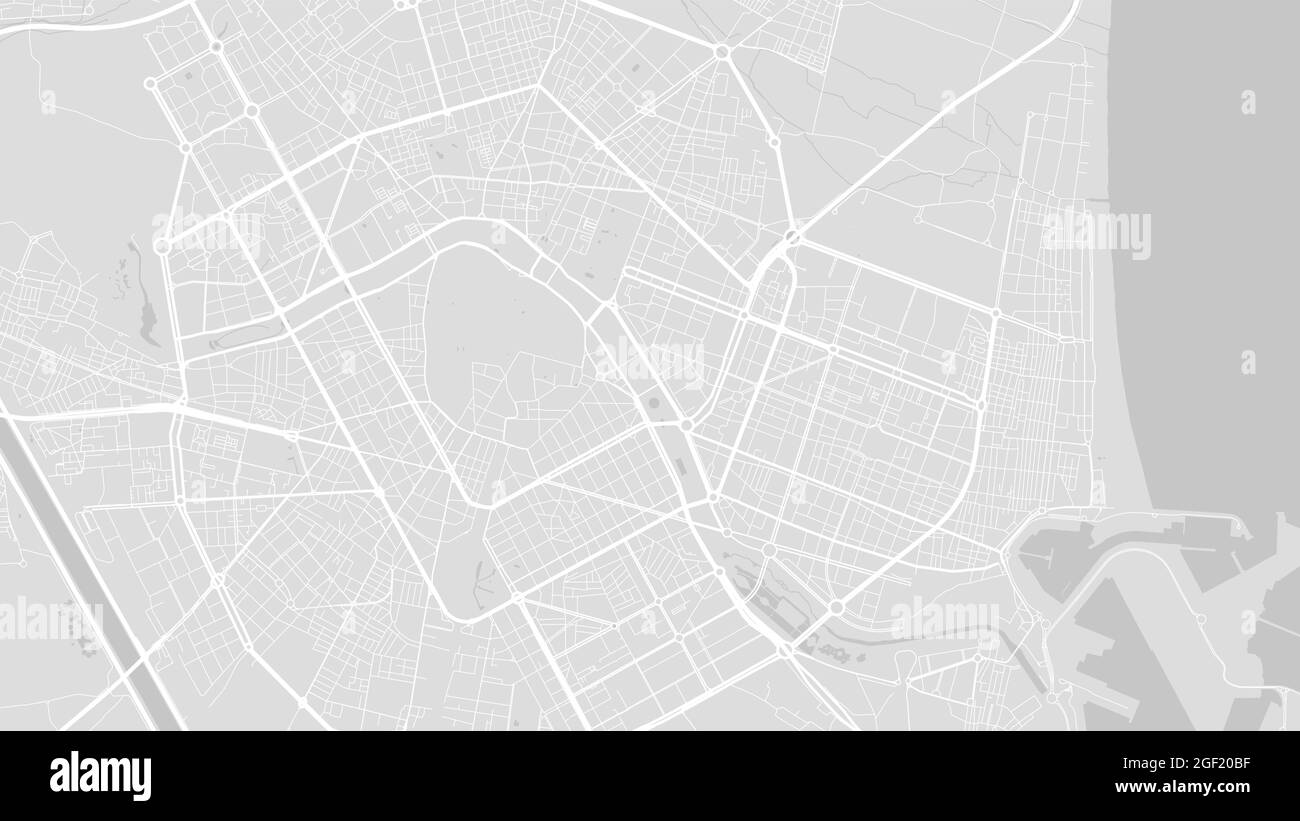 Bianco e grigio chiaro area di Valencia Mappa vettoriale di sfondo, strade e illustrazione cartografica d'acqua. Proporzioni widescreen, design piatto digitale Illustrazione Vettoriale