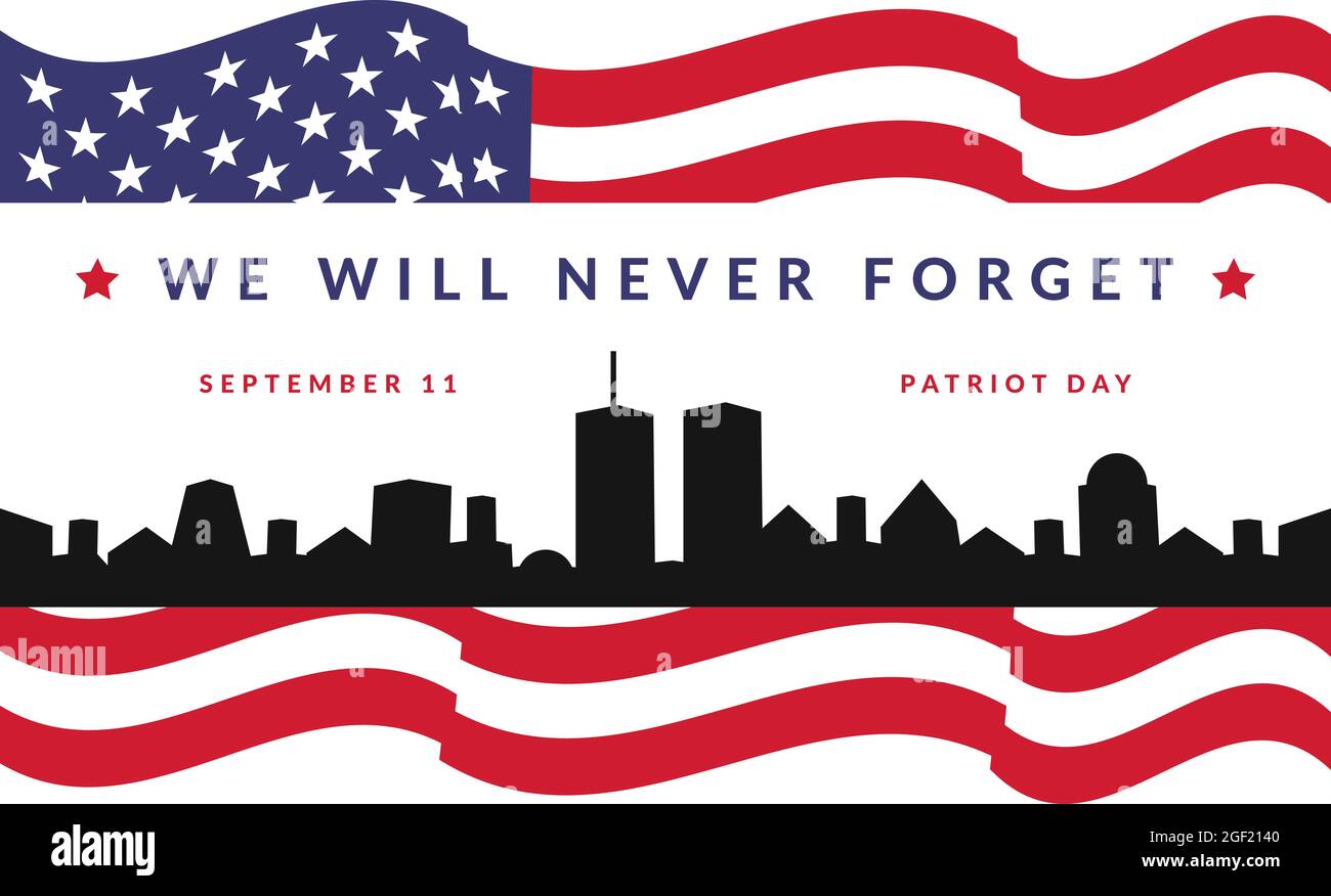 giornata patriot con sfondo bandiera americana e illustrazione della costruzione della silhouette Illustrazione Vettoriale
