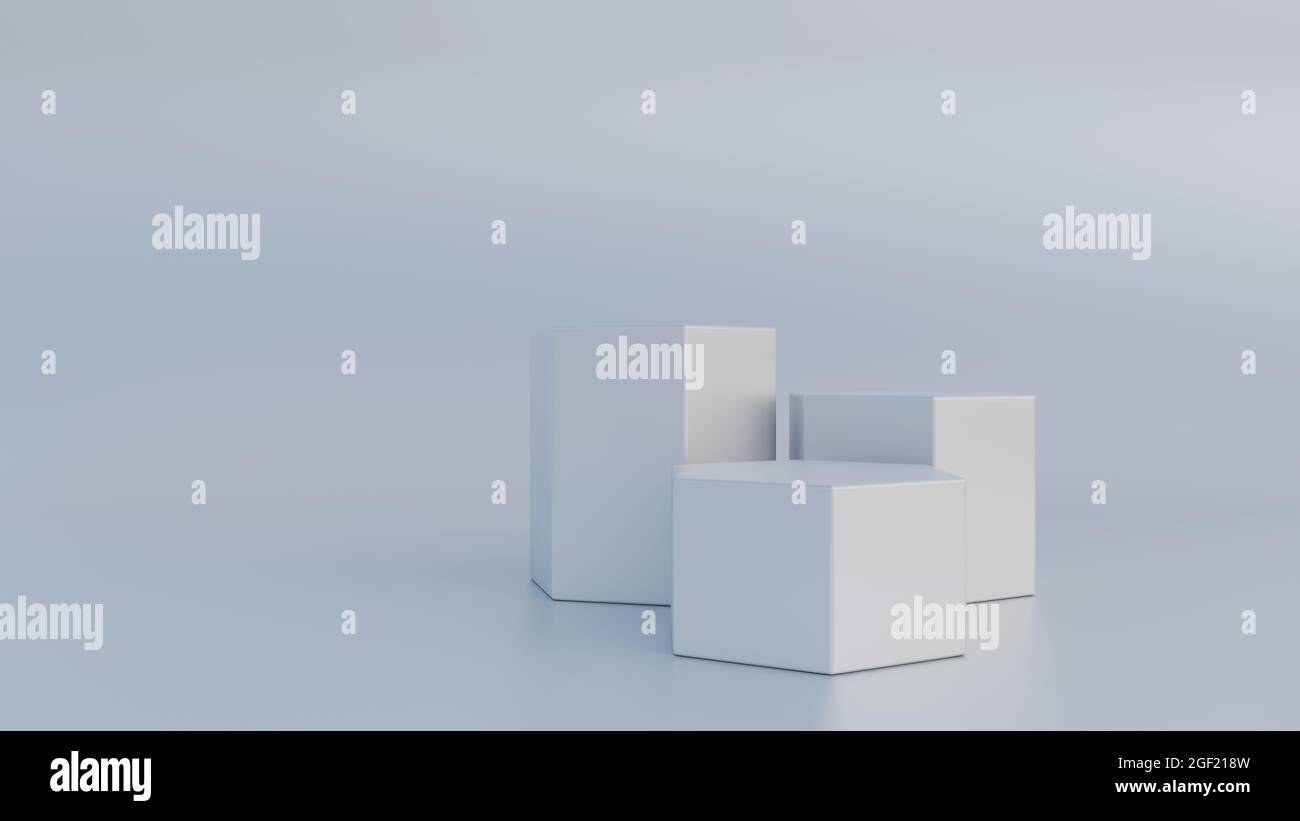 Scena minimale con podio esagonale e sfondo astratto con spazio copia. Forme geometriche. Bianco. Illustrazione del rendering 3D. Foto Stock