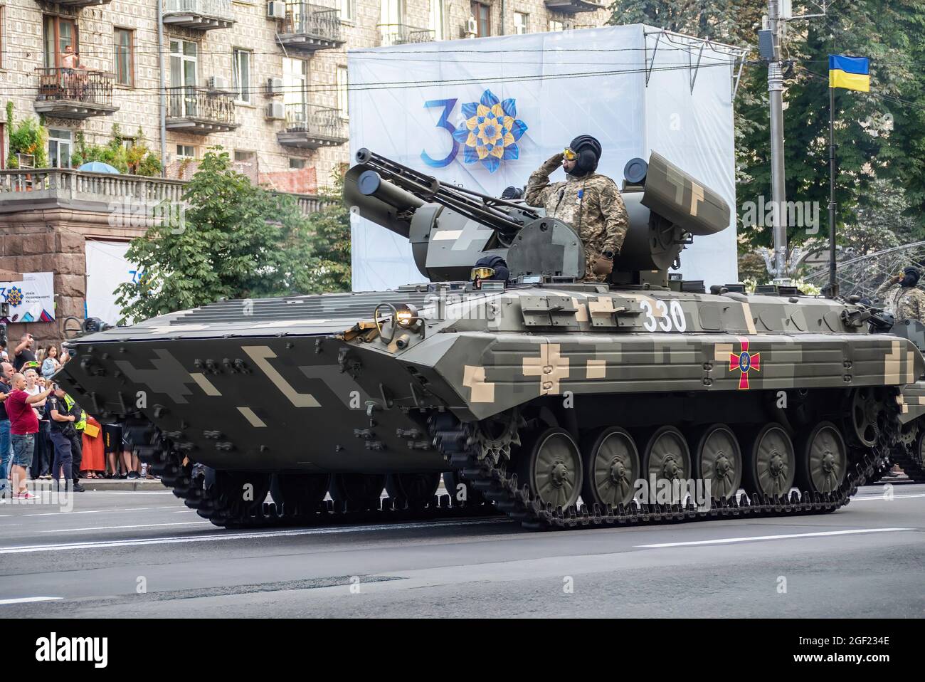 Kiev, Ucraina. 22 agosto 2021. I macchinari militari sono visti durante le prove della sfilata militare che si svolgerà il giorno dell'Indipendenza. (Foto di Valera Golovniov/SOPA Images/Sipa USA) Credit: Sipa USA/Alamy Live News Foto Stock